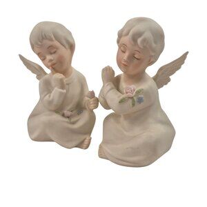 Homco Praying Angels Set of 2 Bisque Porcelain Original Foil Labels 1991